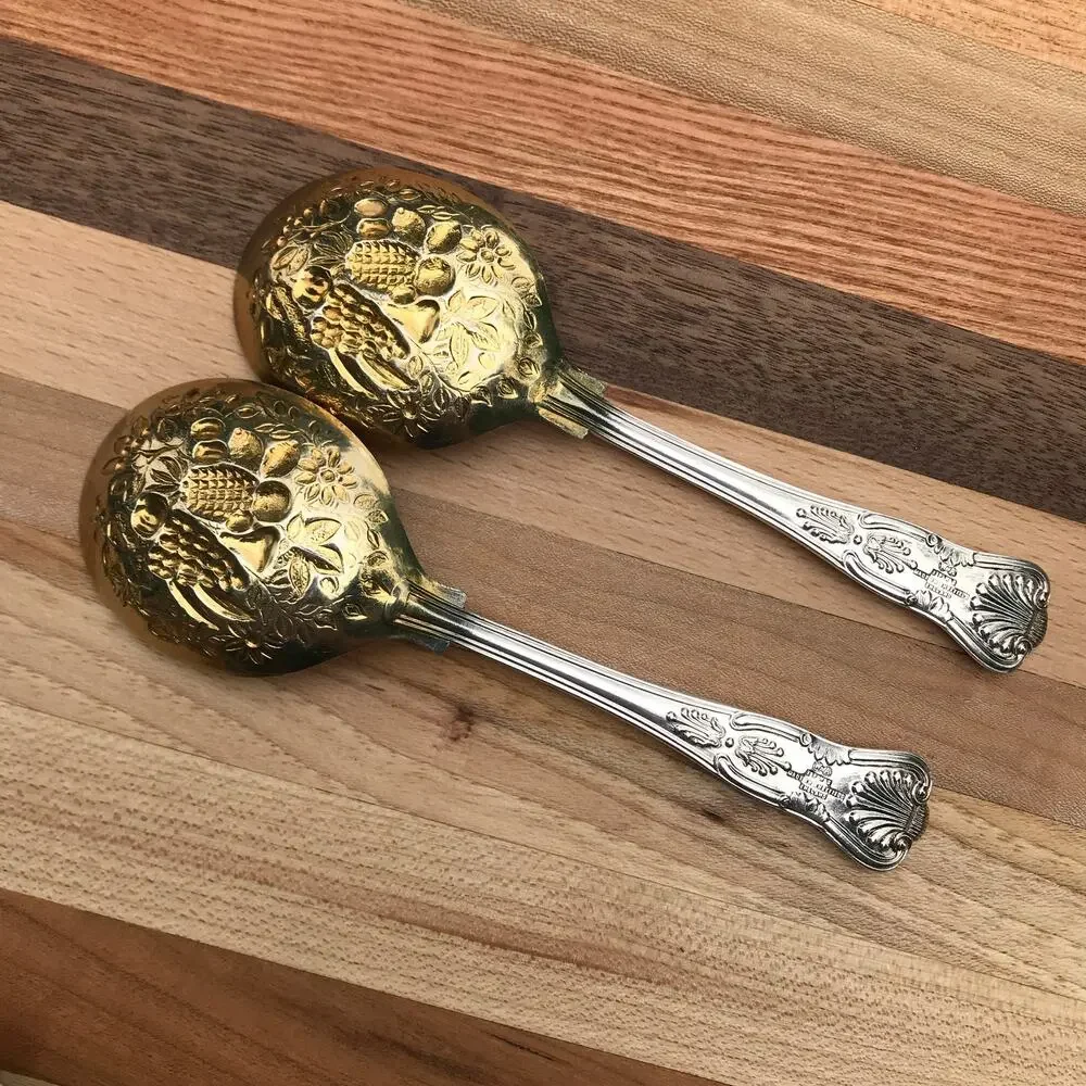 2 W. A. Sheffield KING Silverplate Gold Wash Jelly Spoons - fruit embossed
